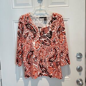 Vintage Yarns & Stitches Jewels Coral Red Orange Brown Paisley Cardigan Size XL